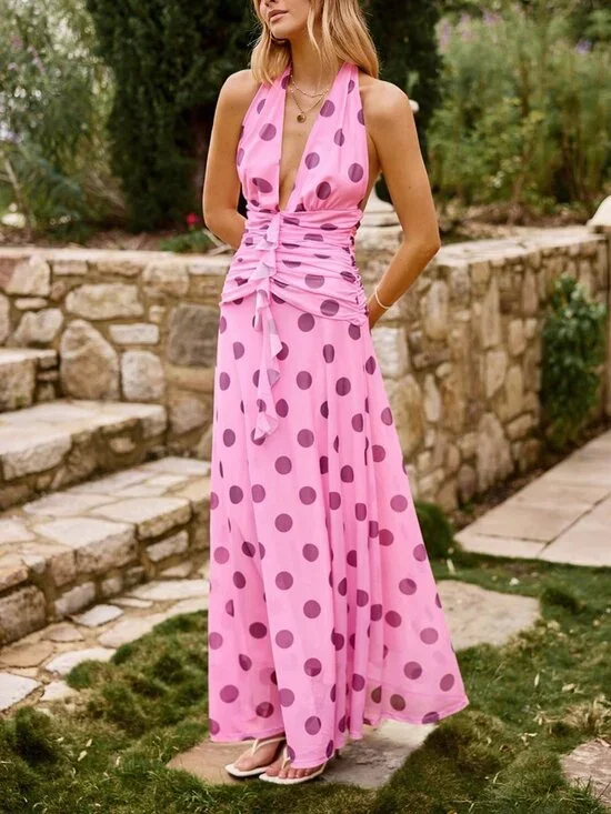 Pink Resort Wear Women's Vacation Polka Dot Print Halter Backless maxi Dress - Picture 3 of 7